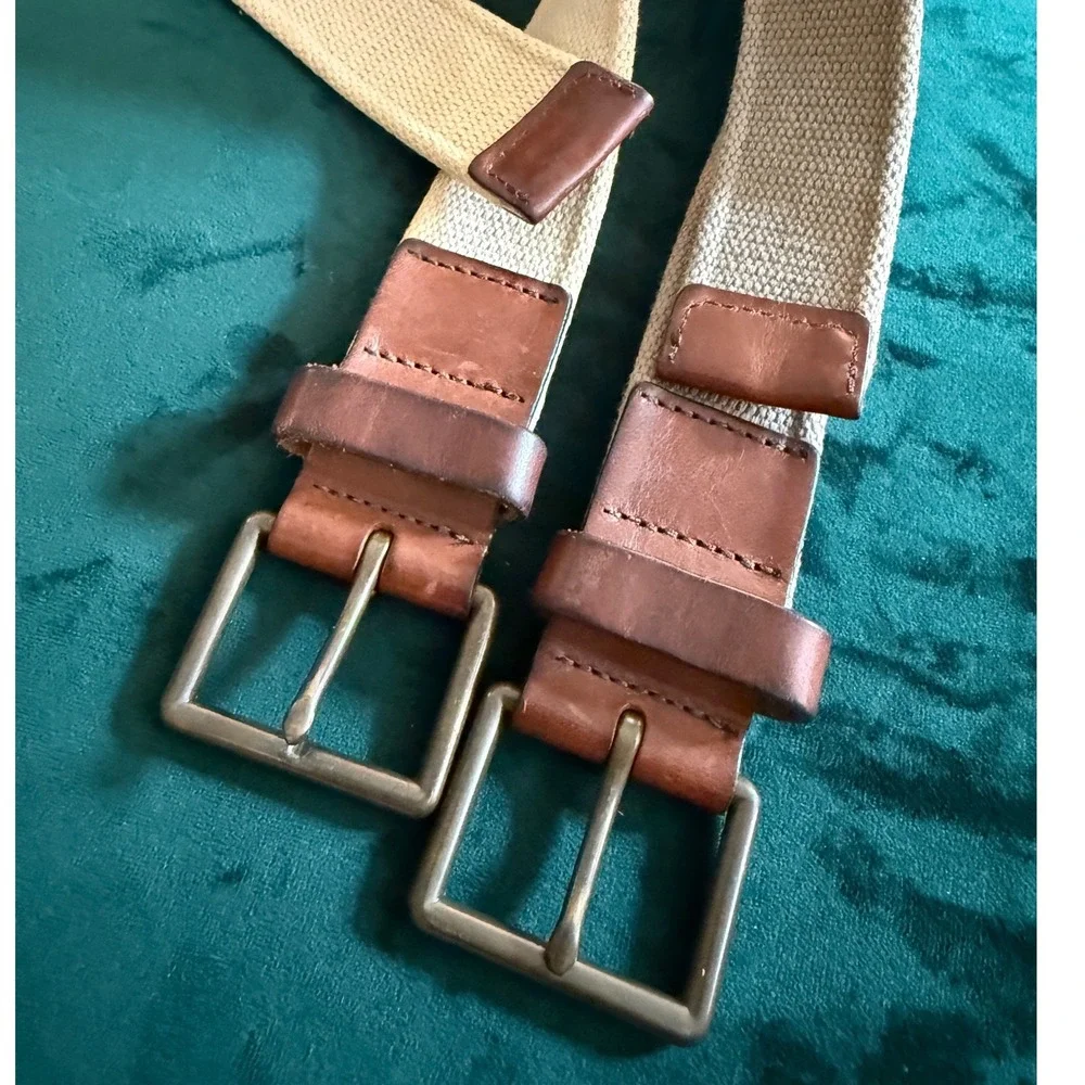 Eddie Bauer Mens Canvas Leather Web Belts Size 32 Made in USA Tan Khaki Lot of 2